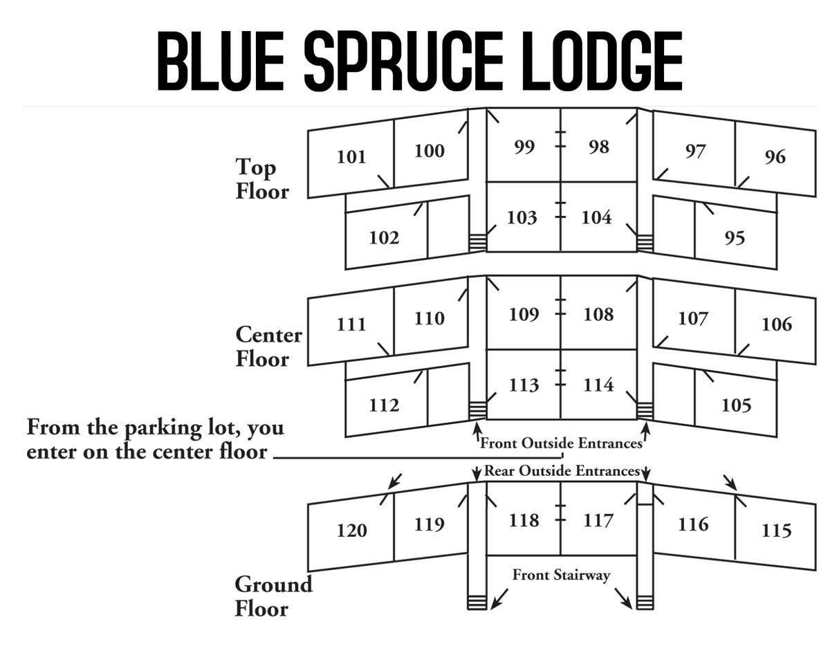 Blue Spruce Lodge floor plan showing room layout for top, center, and ground floors, highlighting entrances and stairway access.