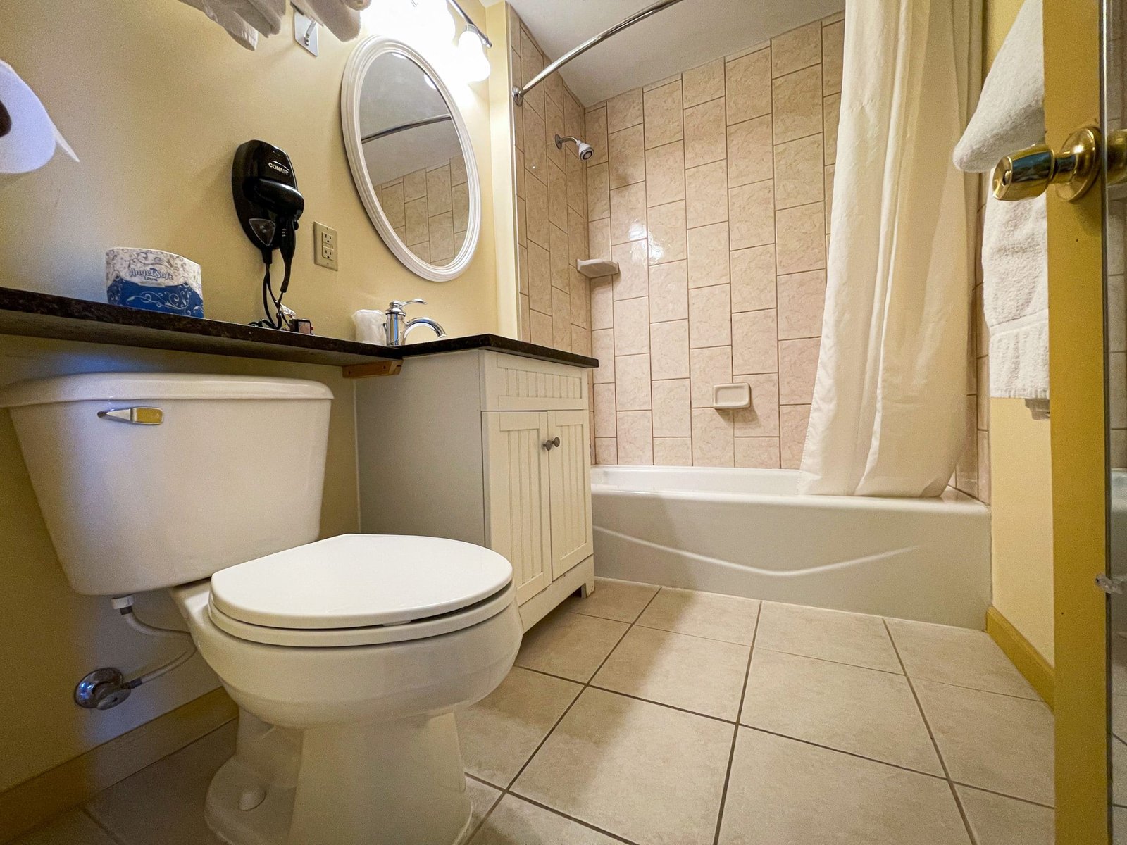 Bathroom with a toilet, sink, and tub/shower combination featuring spa amenities, designed for comfort at Blue Spruce Lodge.