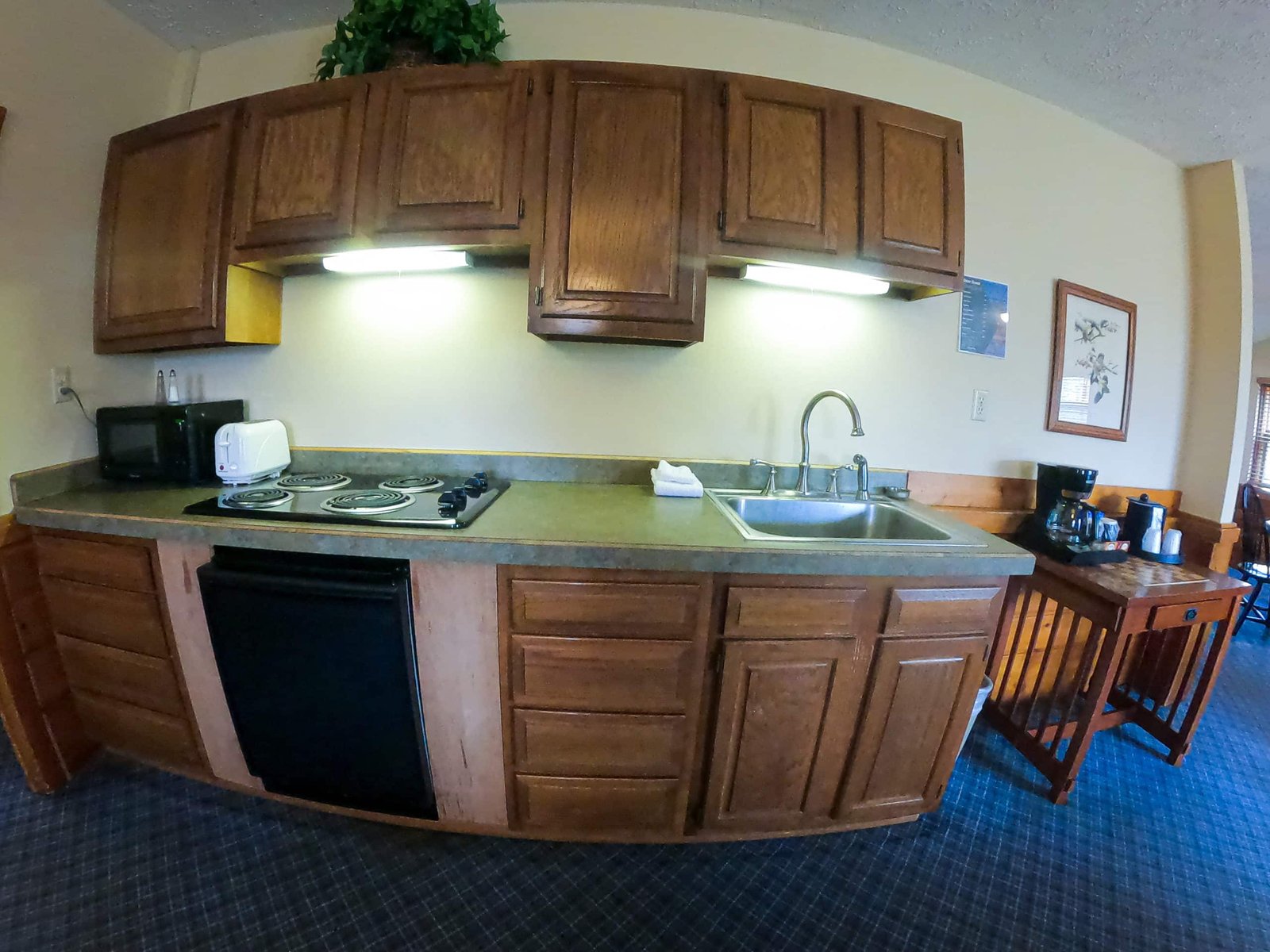 Kitchenette in a chalet at Otsego Resort featuring stovetop, microwave, small refrigerator, coffee maker, and wooden cabinetry, emphasizing spacious accommodations for guests.