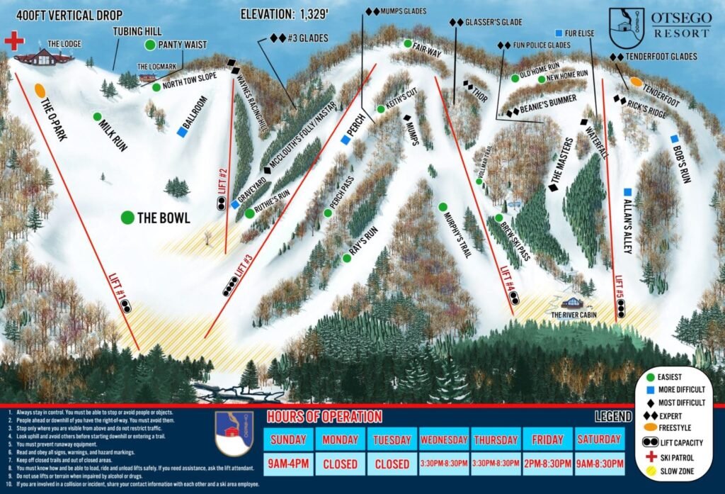 Map of Otsego Resort ski runs and lifts, showcasing diverse terrain including alpine trails, Nordic paths, and park features, with operational hours and safety guidelines.
