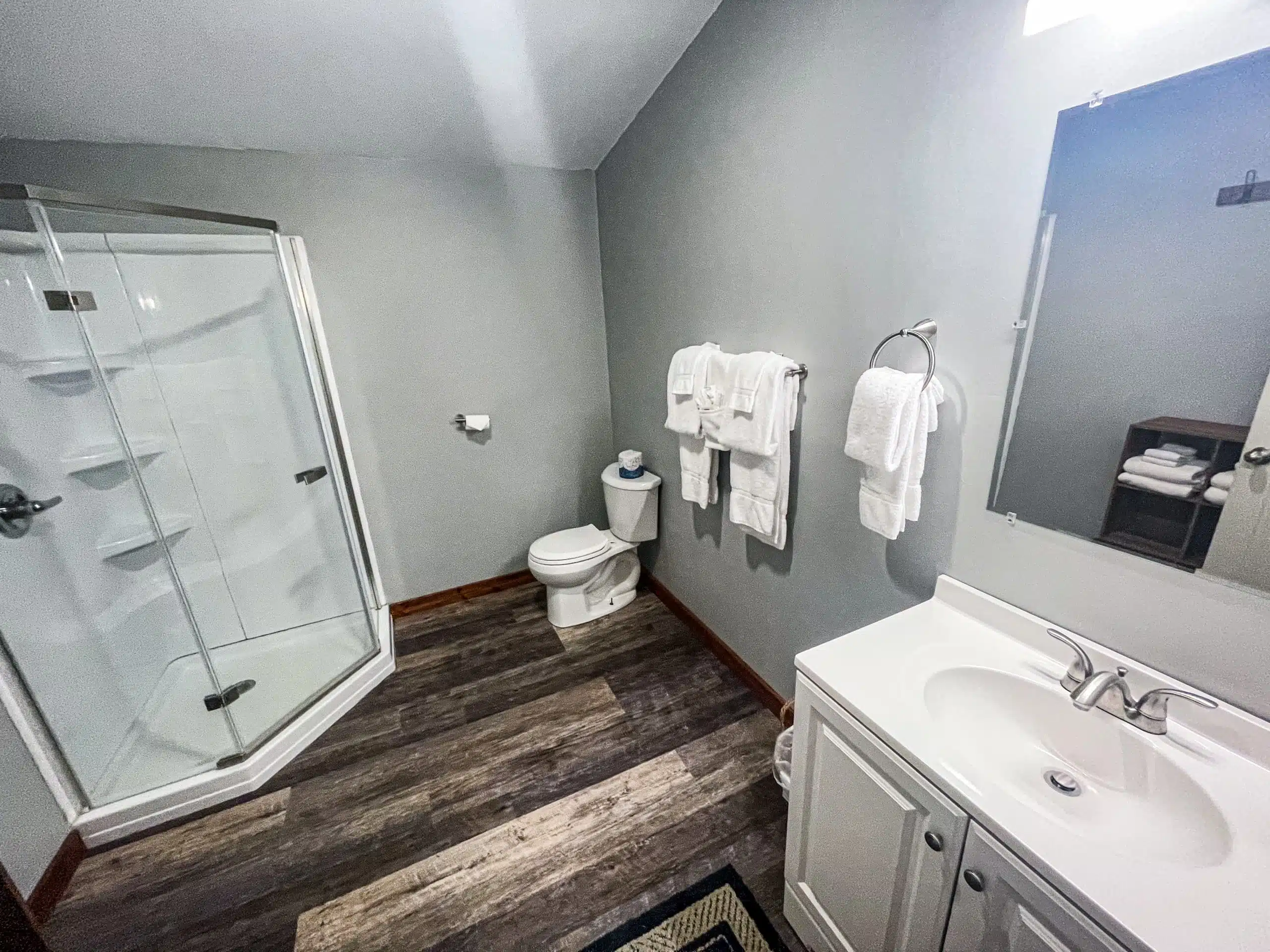 Modern bathroom with a glass shower, toilet, and white vanity, featuring neatly hung towels and wood accents, showcasing the Classic Lodge's amenities at Otsego Resort.